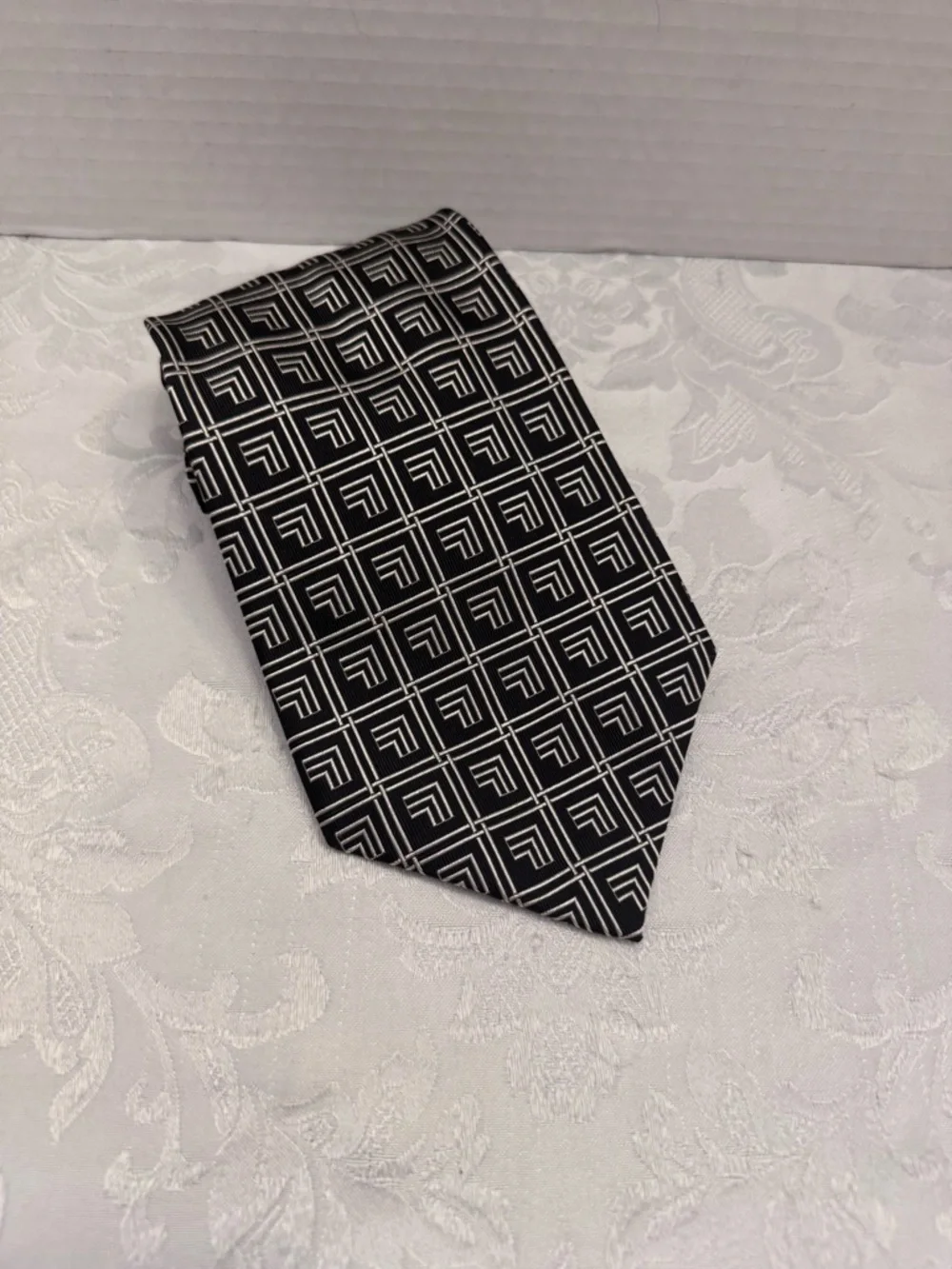 Polo By Ralph Lauren Vintage Silk Tie‎ Black White Geometric Grid Old Money Work